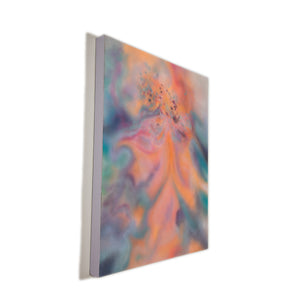 Angle of an abstract painting, made with acrylic with shades of pink, light orange and light turquoise made by MF BAE exhibited at the Wishbone art Gallery