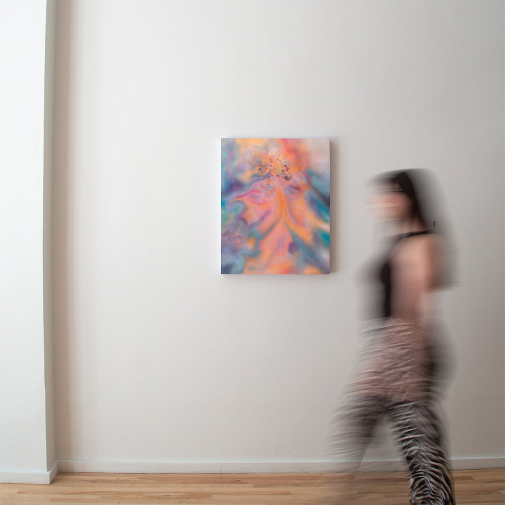 In context with someone of an abstract painting, made with acrylic with shades of pink, light orange and light turquoise made by MF BAE exhibited at the Wishbone art Gallery