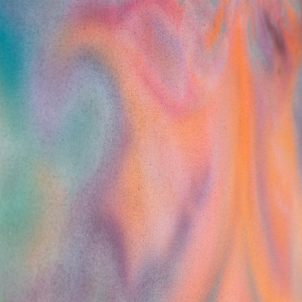 Close up of an abstract painting, made with acrylic with shades of pink, light orange and light turquoise made by MF BAE exhibited at the Wishbone art Gallery