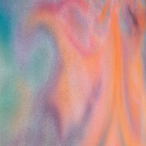 Close up of an abstract painting, made with acrylic with shades of pink, light orange and light turquoise made by MF BAE exhibited at the Wishbone art Gallery