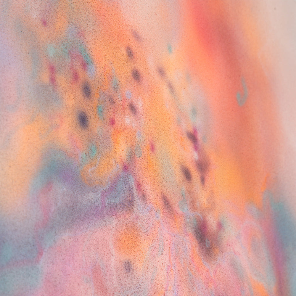 Close up of an abstract painting, made with acrylic with shades of pink, light orange and light turquoise made by MF BAE exhibited at the Wishbone art Gallery