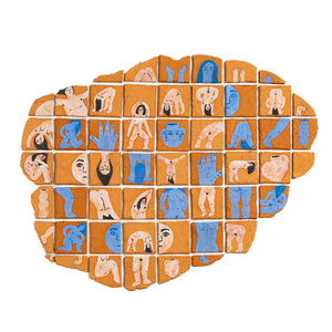 Collection of terracotta tiles with painted figures on a white background